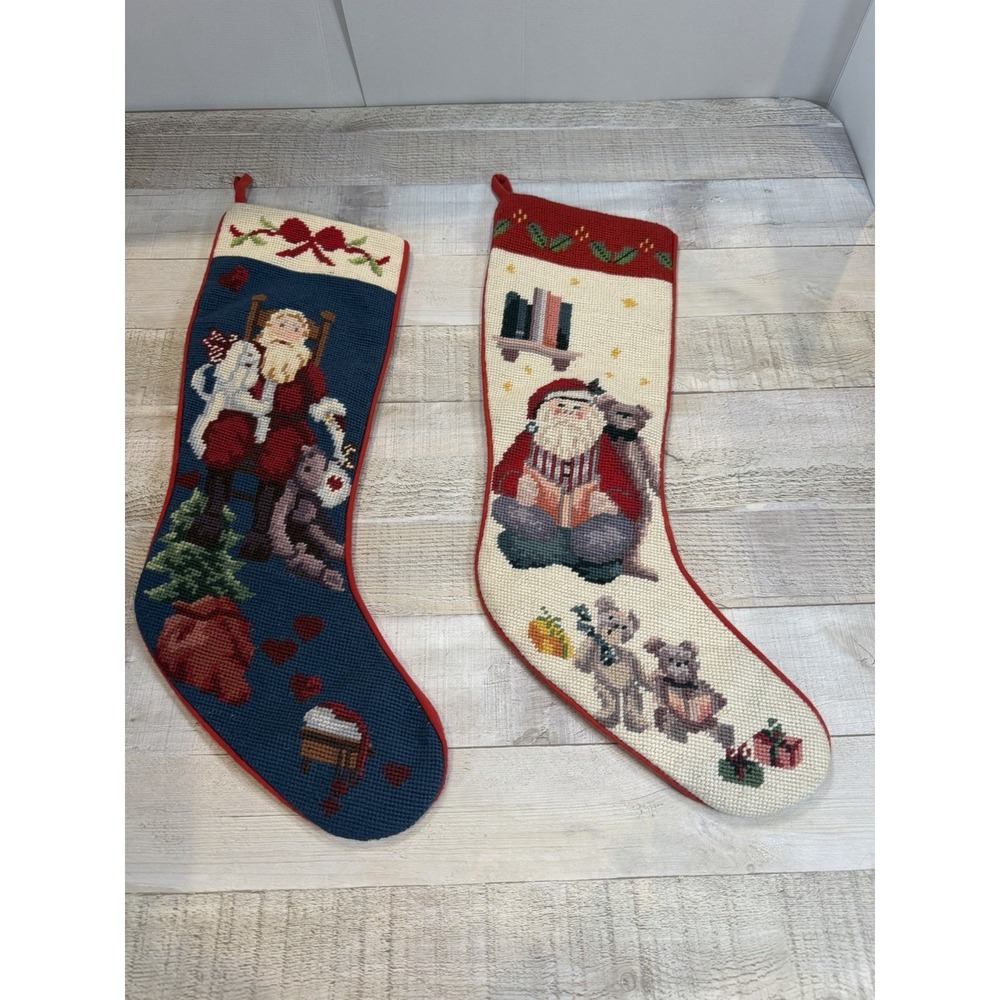 Vintage Needlepoint Christmas Stocking Santa Teddy Bears Blue 20in Deco